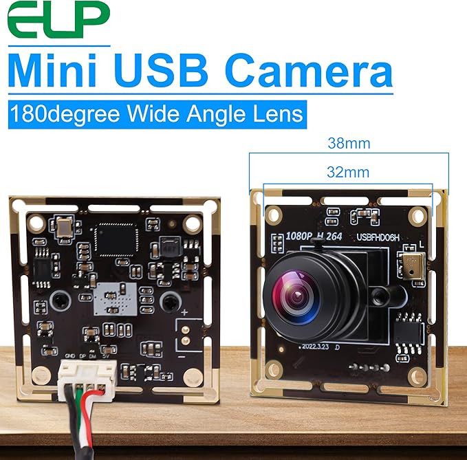 ELP Sony IMX323 Sensor Mini Wide Angle USB Camera Module with Microphone 180degree Fisheye Lens HD 1080P 0.01Lux Low Light Video Audio PC Camera UVC H.264 USB2.0 Embedded Webcam Board for Computer