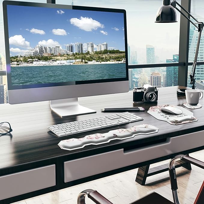 Keyboard Wrist Rest Pad and Ergonomic Gaming Mouse Pad Wrist Support Set (with Cute Coasters) with Memory Foam &amp Non-Slip Base Easy Typing and Wrist Pain Relief - Cherry Blossom Psalm 46:5