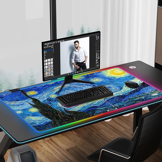 Vyaaa RGB Gaming Mouse Mat 39.3“ x 19.7” XXL Mouse Mat Van Gogh Starry Night LED Mouse Pad Non-Slip Rubber Base Keyboard Mouse Pad Suitable for Home Gaming Office