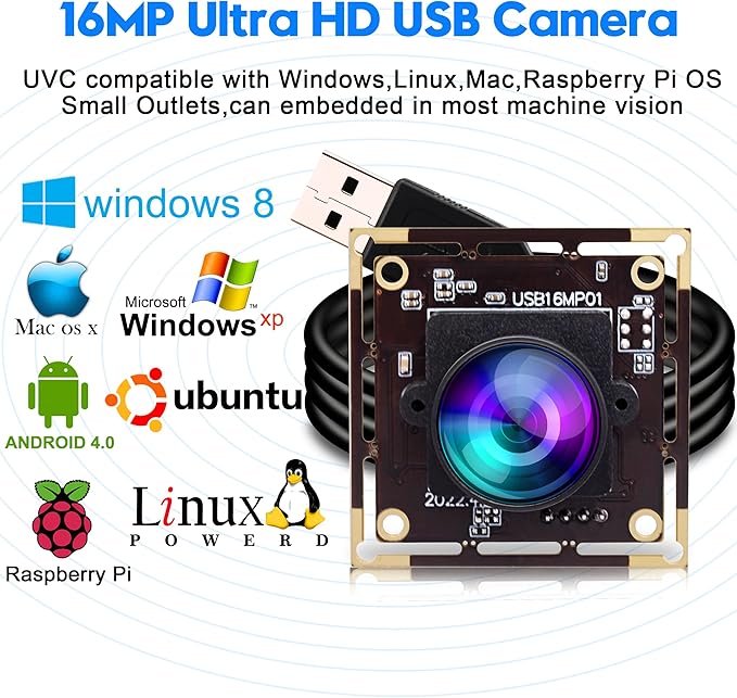 ELP 16MP Wide Angle USB Camera Module with 170degree Fisheye Lens for Raspberry Pi Computer 4K Mini UVC USB2.0 Video Webcam Board Industrial PC Lightburn IMX298 Laptop ELP-USB16MP01-L170