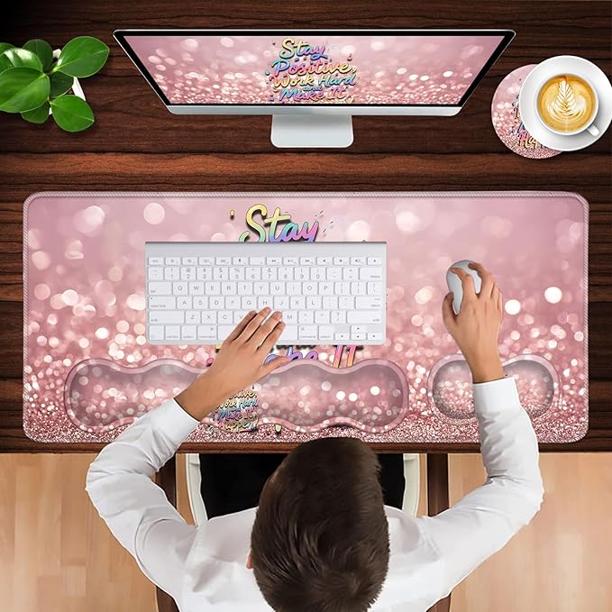 Keyboard Wrist Rest and Mouse Pad with Wrist Support Set Ergonomic CoasterMemory FoamEasy Typing Pain ReliefXL Desk Mat 31.5x 11.8Stay Positive Work Hard and Make It Happen Inspirational Quotes
