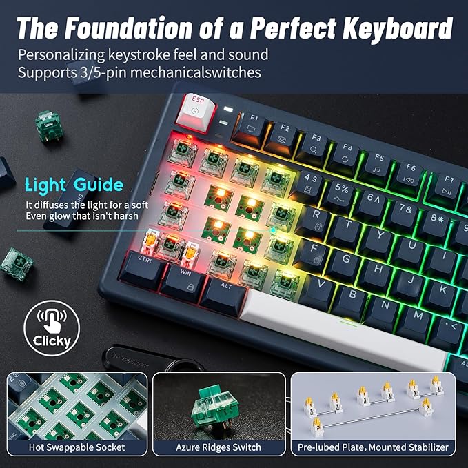 Hexgears Wireless Mechanical Keyboard with Number PadWrist RestGasket StructureTri-Mode BT5.0/USB-C/2.4GHz Hot Swappable KeyboardCreamy SoundRGB BacklitComputer Gaming Keyboards(Clicky Switch)