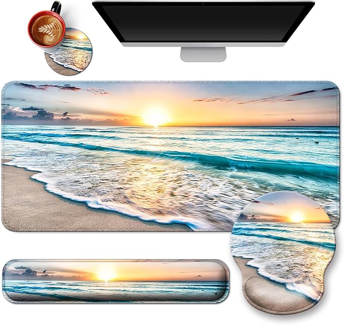 Mouse Pad + Desk Mat + Keyboard Wrist Rest + Coaster 4 in 1 Set Cute Ergonomic Large Gaming Mousepad with Wrist Rest Support Desk Pad for Computer Laptop Office Home Decor-Beach