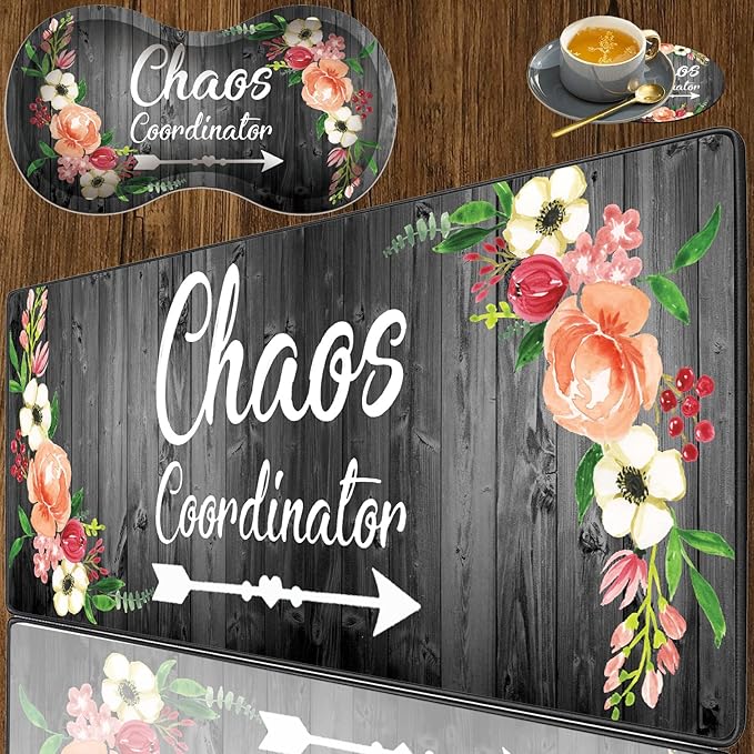 3 Piece Mouse Pad Set with Stitched Edge Large Anti-Slip Mouse Pad Desk Pad Keyboard Pad + Wrist Rest Pad + Coaster Memory Foam Wrist Rest for Office/Home - Chaos Coordinator