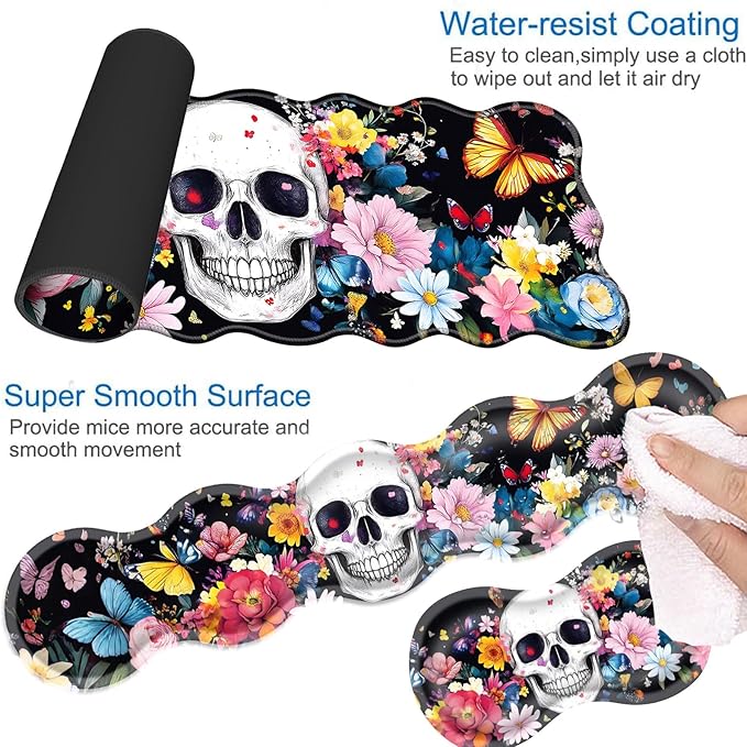 Desk Mat Mouse Pad with Wrist Rest 4-in-1 Large Mouse Pads for Desk Ergonomic Mouse Pad and Keyboard Wrist Rest Gaming Keyboard Mat for OfficeSkull Flowers Butterflies