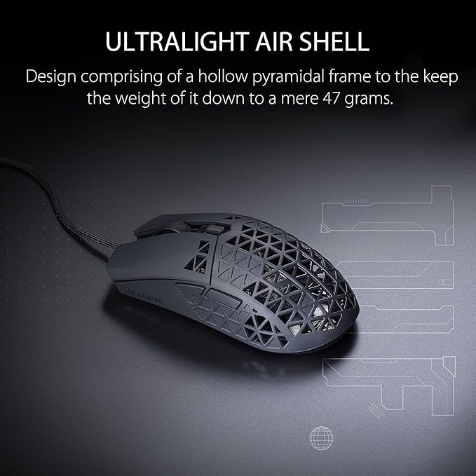 ASUS TUF M4 Air Wired Gaming Mouse - P307 Durable and Ultralight Air Shell Design 16000 dpi Optical Sensor Six Tactile programmable Buttons IPX6 Water Resistance Black Color