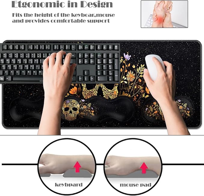 Ergonomic Keyboard Wrist Rest &amp Mouse Pad Wrist Rest SetXL Gaming Desk Mat 31.5x 11.8Non-Slip BaseMemory FoamEasy Typing Pain Relief for Office &amp HomeFloral Skull on Starry
