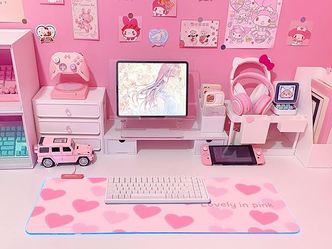 JMIYAV Pink RGB Gaming Mouse Pad 31.5x12 Inch PC XL Large Extended Glowing Led Light Up Desk Pad Non-Slip Rubber Base Computer Cute Mousepad Mat Desk Accessories Gaming Setup 996