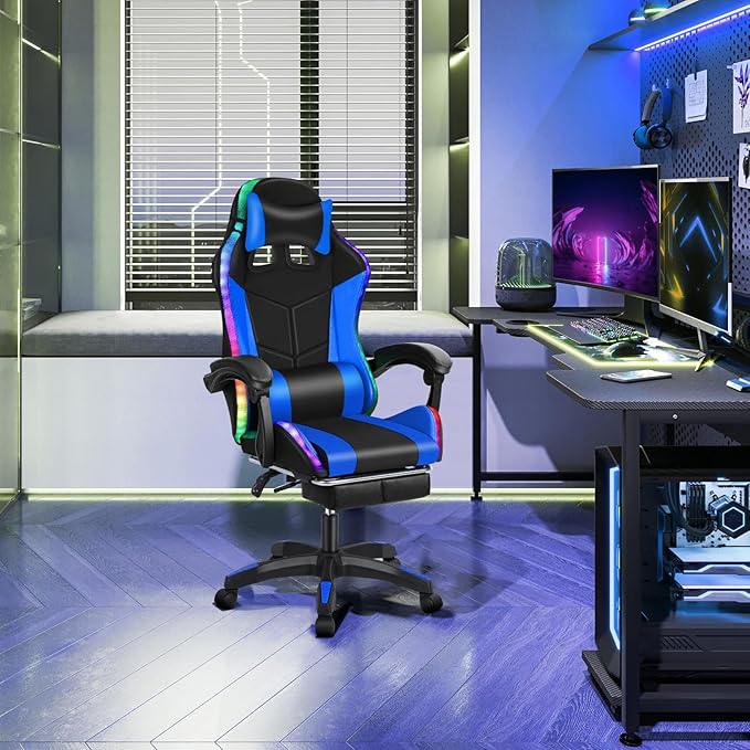 Gaming Chair Office Chair with Foot Rest Pocket Spring Cushion Speakers Ergonomic Chair Massage Chair Multiple Led Light Gaming Chairs for Adults 350lbs Black Blue