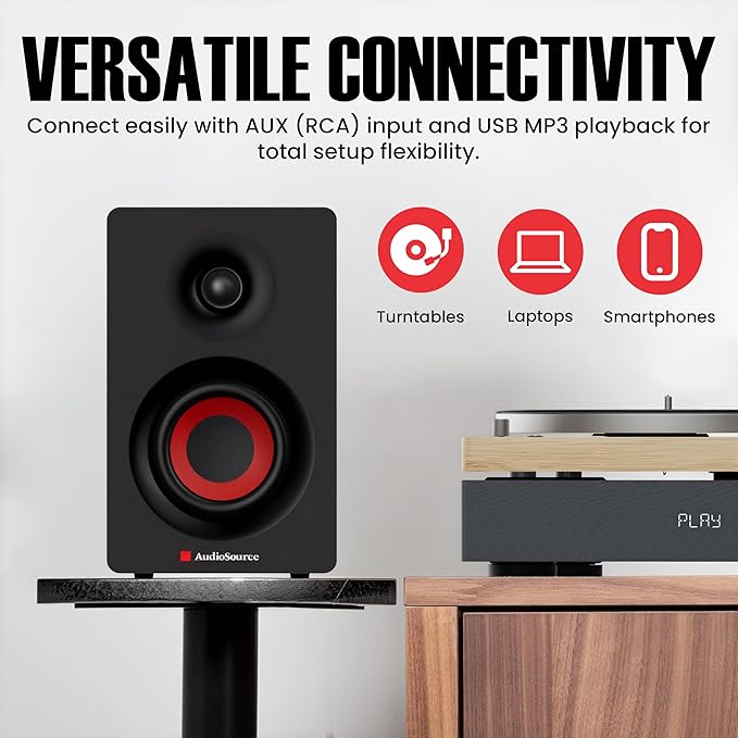 Audiosource Bluetooth 2-Way Bookshelf Speakers 30W RMS Powered Desktop Speakers/Woofer Rear Bass Port AUX &amp USB MP3 Playback Multipoint Pairing Wood Cabinet – Hi-Fi PC Gaming &amp Music Syst