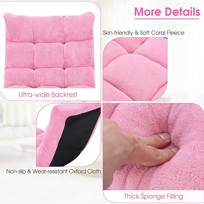 Byroce Folding Floor Gaming Chair 14-Position Adjustable Lazy Padded Sleeper Sofa Bed with Back Support Couch Recliner Floor Chair for Meditation Reading in Bedroom Living Room (Pink)