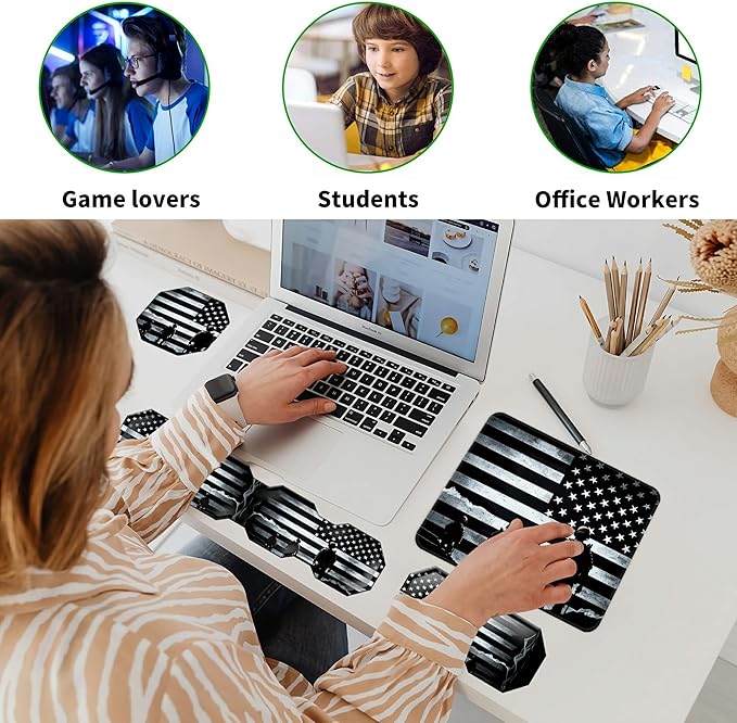Mouse Pad Keyboard Wrist Rest Wrist Support Combo+Coaster [4-in-1] American Flag Theme Easy Typing Pain Relief Memory Foam Gel Elbow Cushion Mouse pad Set for Computer Laptop Office Home