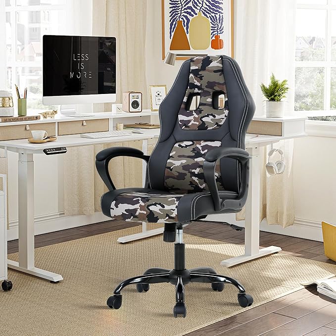 MKDLUFEI Video Game ChairErgonomic Office Chair Desk Chair and Lumbar Support PU Leather Recliner with HeadrestHeight Adjustable Computer Chair for Adults (CAMO)