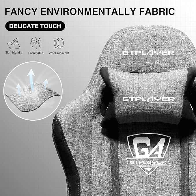 GTPLAYER Gaming Chair with Footrest Fabric Breathable Big and Tall Ergonomic Computer Chair 350 lbs with Adjustable Lumbar Support and Recliner High Back Game Chair for Office Gaming Grey