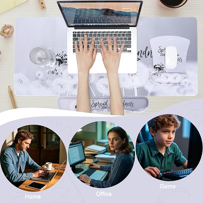 MEGREZ 4-in-1 Ergonomic Memory Foam Wrist Rest Set Desk Pad Mouse Pad with Wrist Rest Keyboard Pad Suitable for Office Workers Programmers &amp Gamers–Relieve Typing &amp Gaming Fatigue Gray D