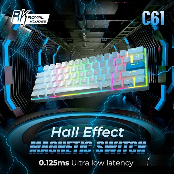RK ROYAL KLUDGE C61 HE Gaming Keyboard 60% Wired Mechanical Keyboard with Hall Effect Magnetic Switch 8000Hz Polling Rate Rapid Trigger RGB Backlit 61 Keys White Blue