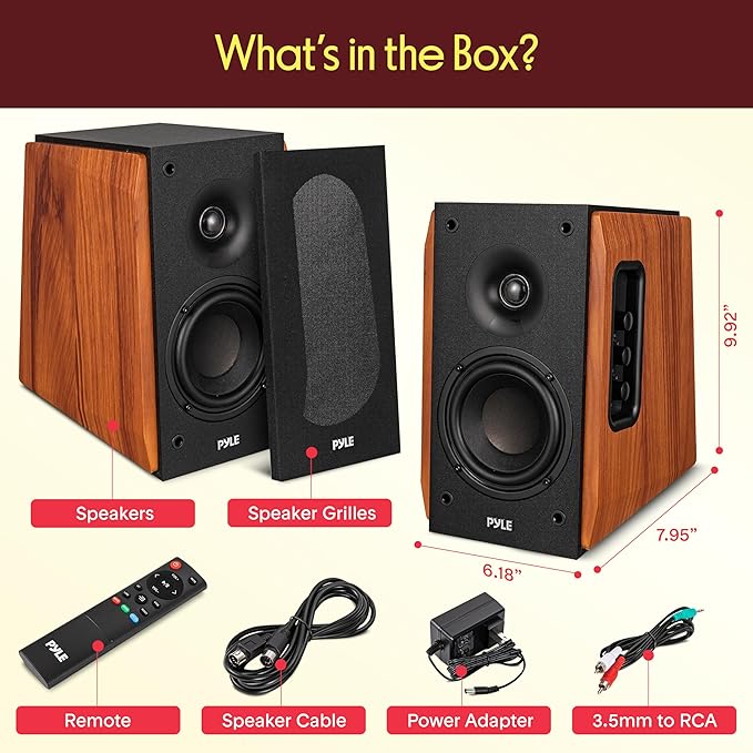 Pyle Powered Bookshelf Speaker System with Bluetooth 80W Active Stereo Speakers Bass Reflex Natural Wood Cabinet Hi Def ARC Optical Coax Subwoofer Out for Home Theater Computer Studio (Pair)