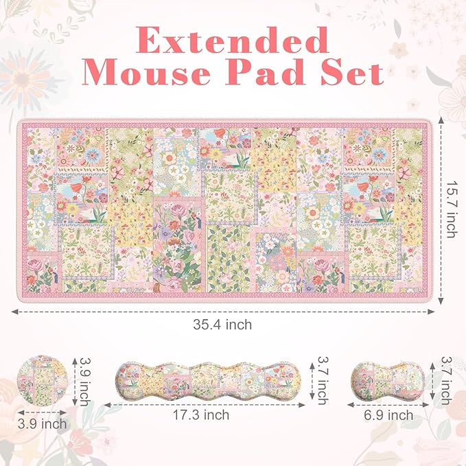 iLeadon Cute Floral Desk Mat Set Non Slip Mouse Pad with Wrist Support Wrist Pad for Keyboard Desk Mat with Wrist Rest Ergonomic Mouse Pad Set for Women Home Office (Pink)