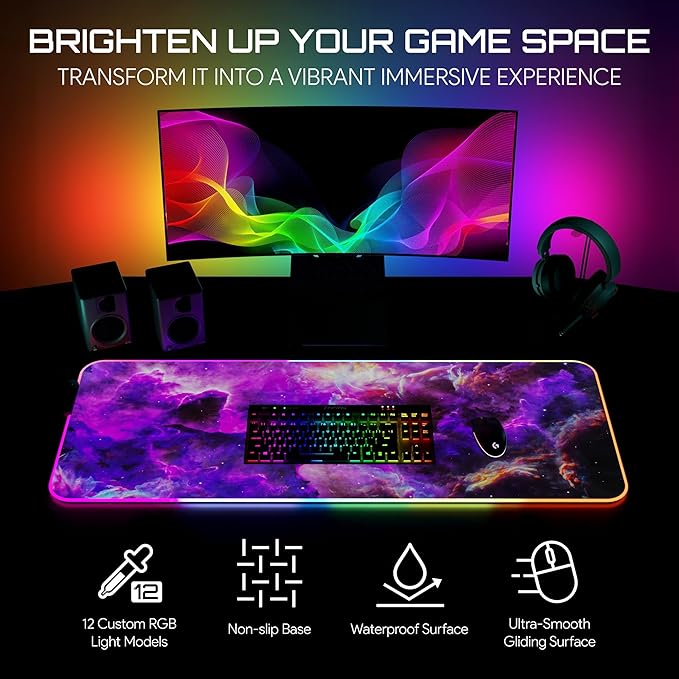 Gerlos RGB Large Gaming Mouse Pad Extended Soft LED Mouse Pad Non-Slip Rubber Base Water Resist Keyboard Pad Computer Mousepad 31.5×11.8 inches