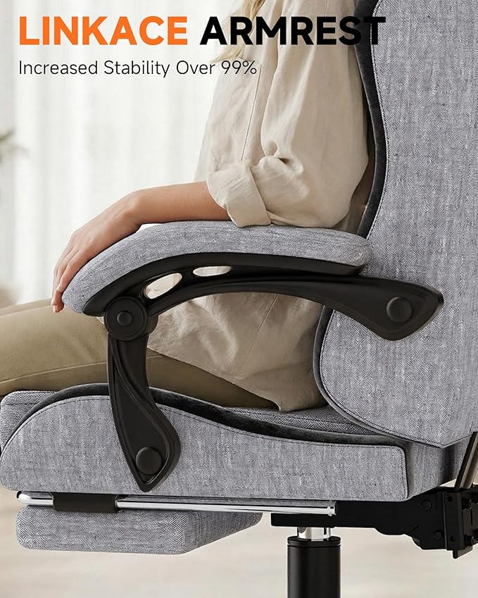 GTPLAYER Gaming Chair with Footrest Computer Gaming Chair for Adults and Kids Height Adjustable Gamer Chair with 90-155° Recline &amp Removable Headrest Lumbar SupportLinen Fabric Gray-Black