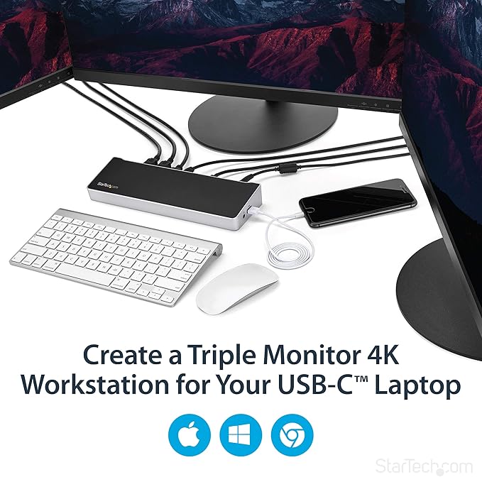 StarTech.com USB-C Triple Monitor Docking Station for MacBook Pro / Air M1 M2 M3 M4 &amp Windows Universal 4K HDMI DP Dock Thunderbolt Compatible 100W Laptop Charging - TAA Black Silver