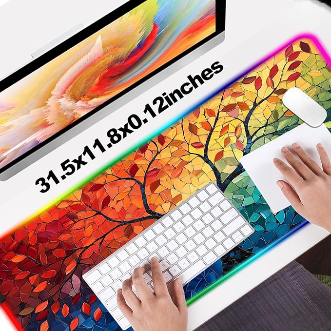 RGB Fantasy Tree of Life Gaming Desk Mat Computer Keyboard Large Extended Long Abstract LED Mouse Pad for Office and Home XL (W04)