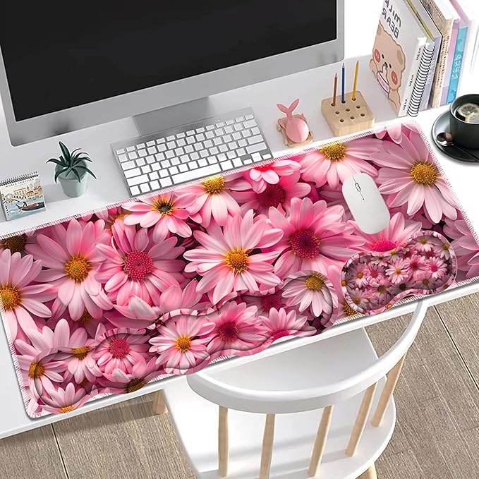 Large Gaming Mouse Pad + Keyboard Wrist Rest + Wrist Support + Coaster Set Memory Foam Ergonomic for Easy Typing XXL Extended Gaming Mouse Pad Table Pad - Pink Daisy