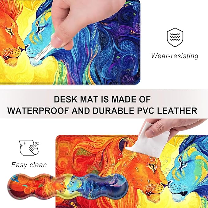 Mouse PadLarge Desk Mat Set 4in1 XL Mousepad + Keyboard Wrist Rest+Mouse Wrist Rest+Coaster with Ergonomic Desk Pad for Home Office Table Computer Cover -Rainbow Lions Abstract