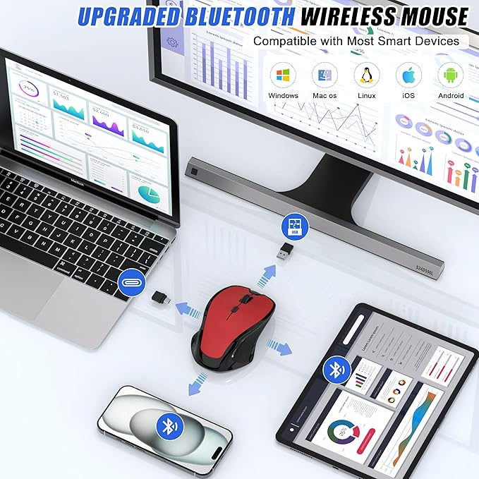 Bluetooth Wireless Mouse 2.4G Ergonomic Rechargeable Computer Mouse for MacBook Air iPad Pro PC with Jiggler Mode 3 DPI Levels &amp Forward/Back Buttons Laptop Mice for Office/Home/School - Red