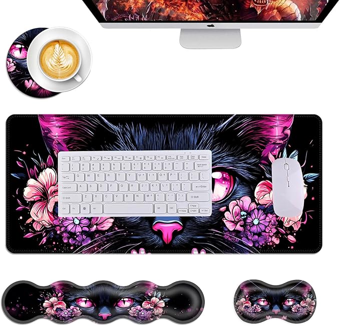 Mouse PadLarge Desk Mat Set 4in1 XL Mousepad + Keyboard Wrist Rest+Mouse Wrist Rest+Coaster with Ergonomic Desk Pad for Home Office Table Computer Cover -Cat with Pink Eyes and Flowers