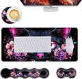 Mouse PadLarge Desk Mat Set 4in1 XL Mousepad + Keyboard Wrist Rest+Mouse Wrist Rest+Coaster with Ergonomic Desk Pad for Home Office Table Computer Cover -Cat with Pink Eyes and Flowers