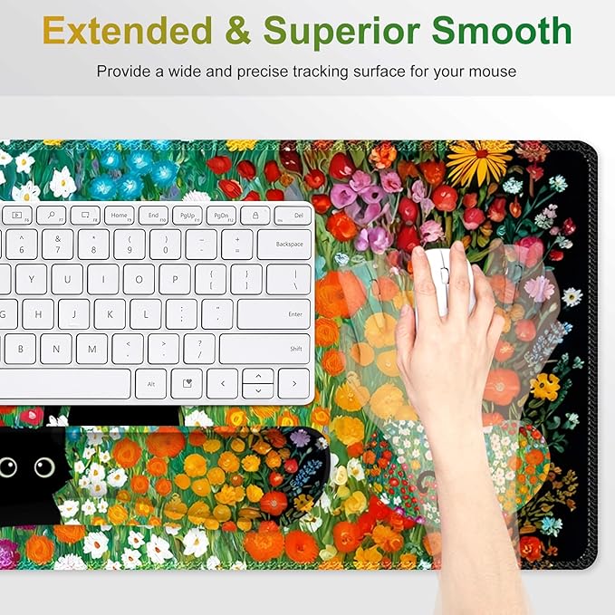 Large Gaming Mouse Pad Set 4 in1 Ergonomics Keyboard Desk Mat w/Memory Foam Wrist Rest Computer Extended Game Mousepad Non-Slip Desk Matt Easy Typing Pain Relief I Multicolored Flower Cat