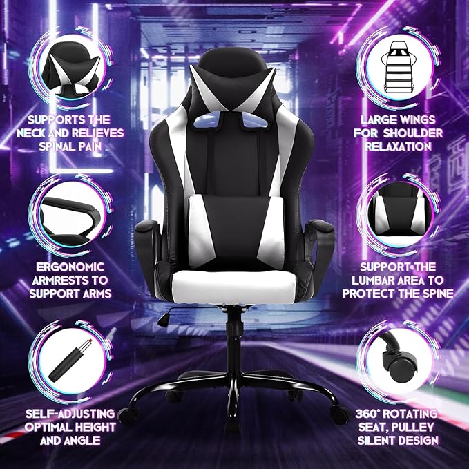 Bigacc Modern Ergonomic Gaming Chair Black Lumbar Support Flip Up Arms Headrest Heavy Duty 250 lbs Weight Limit