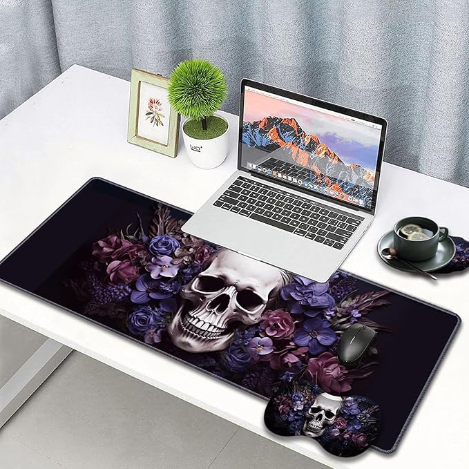 Large Gaming Mouse Pad + Wrist Rest + Lace Coaster Non-Slip Set with Sewn Edges and Waterproof Expandable Desktop Pad Suitable for Office/Home Skull Purple Flower