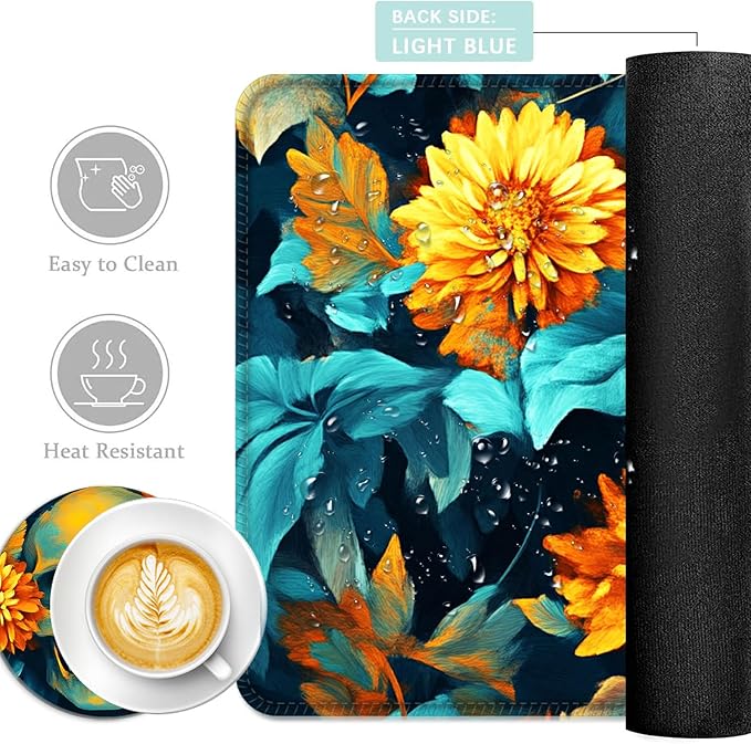 Keyboard Mouse Pad Set Extended Gaming Mouse Pad+Ergonomics Keyboard Wrist Rest Support Memory Foam Easy Typing Pain Relief 4Pcs XL Ultra Thick Desk MatSkull with Yellow Flowers