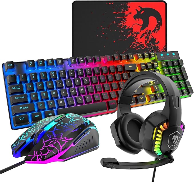 Wired Gaming Keyboard and Mouse Headset ComboRainbow LED Backlit Wired KeyboardOver Ear Headphone with MicRainbow Backlit Gaming MiceMouse Padfor PCLaptopMacPS4Xbox(Black)
