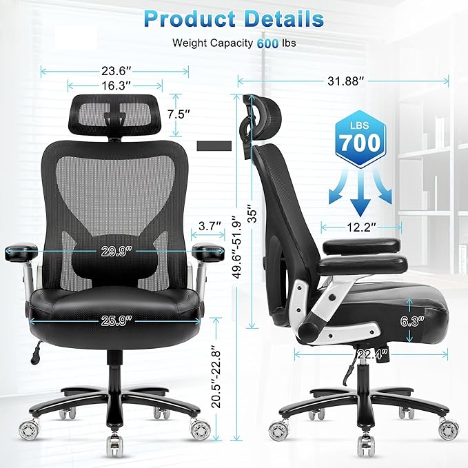 Super Big and Tall Office Chair 700lbs- Heavy Duty Executive Computer Chair with Rubber Wheels 3D Flip Arms Ergonomic Mesh High Back Desk Chair Extra Wide Seat Adjustable Lumbar Support &amp Headre