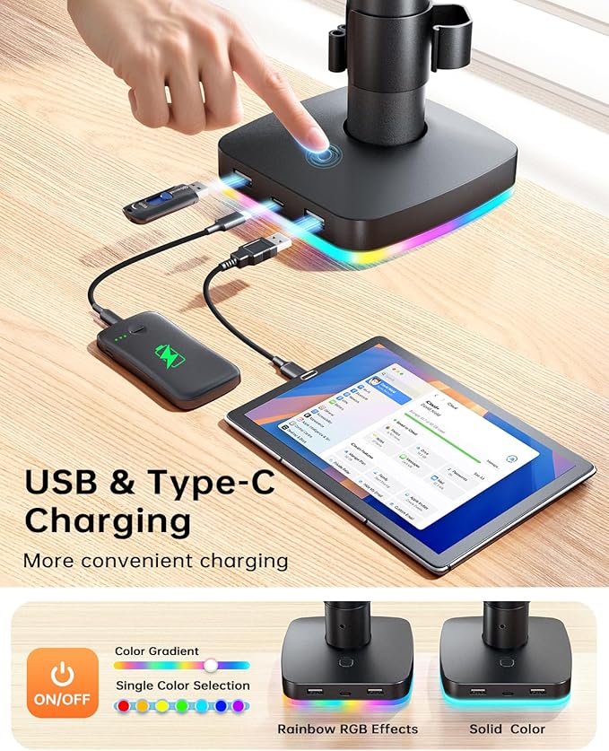RGB Monitor and Laptop Mount Stand with 3 USB Ports Charging and USB Data Transfer Adjustable laptop stand for 13 to 32 Screen and 11-17” Laptop Holds 18lbs/Arm 75x75/100x100 VESA C-Clamp