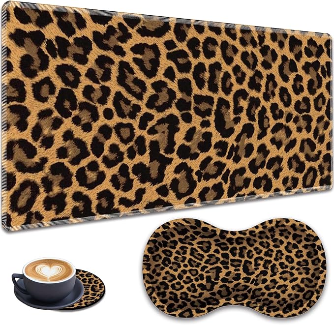 3-in-1 Large Mouse Pad Gaming Set (31.5 x 11.8 inch)+ Wrist Rest Pad + Coaster Memory Foam Gel Wrist Rest Pad for Pain Relief Stitched Edges Non-Slip Table Mat Brown Leopard Print