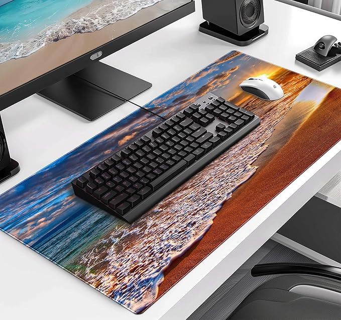 Large Extended Gaming Mouse Pad with Stitched Edges Non-Slip Waterproof Rubber Base Mouse Pad for Office Computer Keyboard Laptop and Home Desk Pad 35.4 x 15.7 x 0.12 Inch (Beach At Sunset)