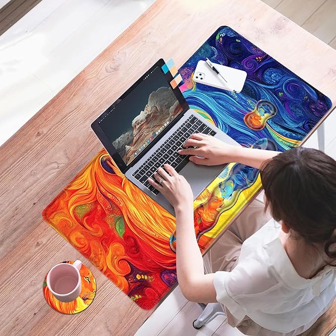 Mouse PadLarge Desk Mat Set 4in1 XL Mousepad + Keyboard Wrist Rest+Mouse Wrist Rest+Coaster with Ergonomic Desk Pad for Home Office Table Computer Cover -Rainbow Lions Abstract