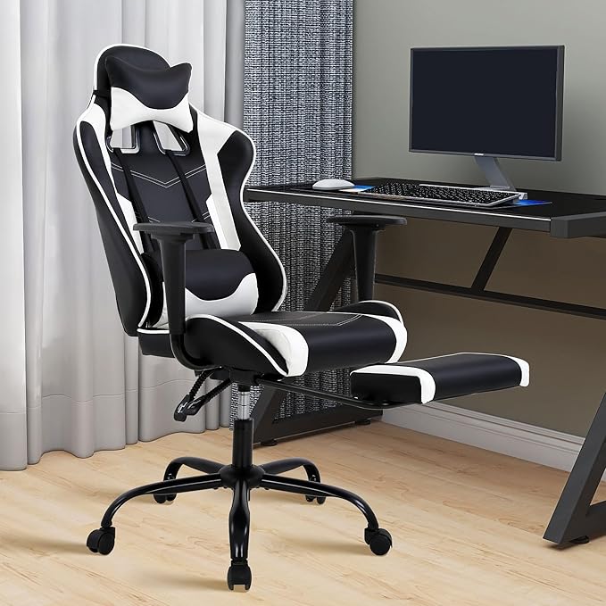 High Back PU Leather Gaming Chair with Headrest &amp Lumbar Support Height Adjustable Wide Seat Gamer Chair for Adults Game Chair with Footrest &amp Armrest