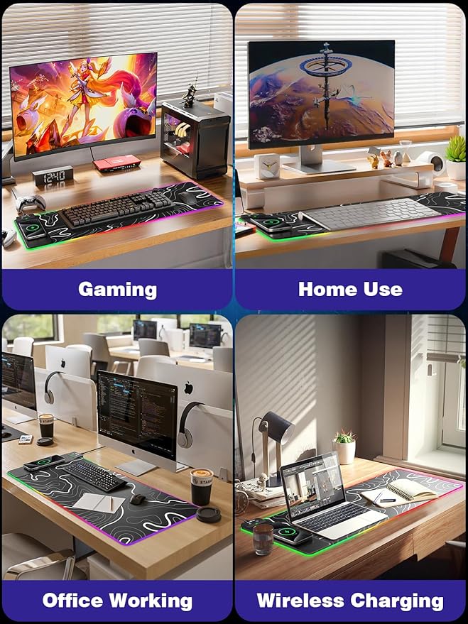 Wireless Charging RGB Gaming Mouse Pad 31.5x15.7 XXL Large Desk Mat Desk Pad for Gamer 9 Light Modes Non-Slip Rubber Base Waterproof Computer Keyboard Mat Black
