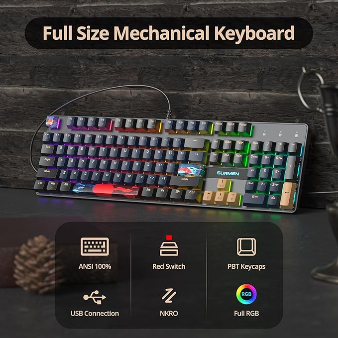 RGB Gaming Mechanical Keyboard 104 Keys Full Size Wired With Number Pad Creamy Linear Red Switch NKRO for PC Gamer