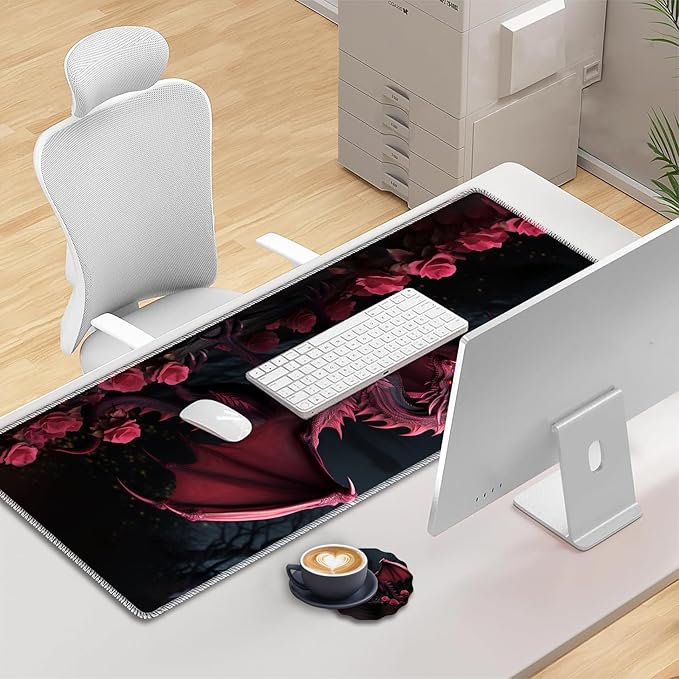 Mouse Pad Set Large Gaming Mouse Pad (31.5X 11.8 inches)+ Wrist Rest Pad + Coaster Ergonomic Wrist pad Home Office Desk Accessories Decor Supplies Rose Dragon