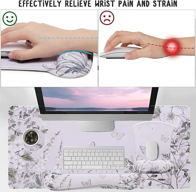 MEGREZ 4-in-1 Ergonomic Memory Foam Wrist Rest Set Desk Pad Mouse Pad with Wrist Rest Keyboard Pad Suitable for Office Workers Programmers &amp Gamers–Relieve Typing &amp Gaming Fatigue Green