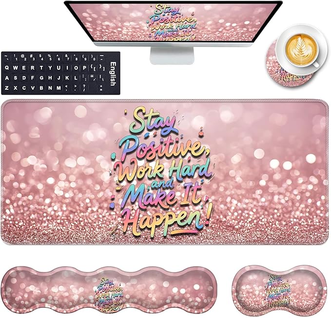 Keyboard Wrist Rest and Mouse Pad with Wrist Support Set Ergonomic CoasterMemory FoamEasy Typing Pain ReliefXL Desk Mat 31.5x 11.8Stay Positive Work Hard and Make It Happen Inspirational Quotes