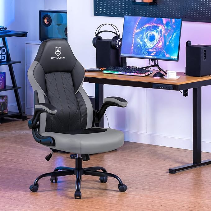 GTPLAYER Video Gaming Chair Ergonomic Computer Gaming Chair with Flip-Up Armrests and Adjustable Height Comfortable Desk Chairs with Built-in Lumbar Support Recliner with 360°Swivel (Dark Gray)