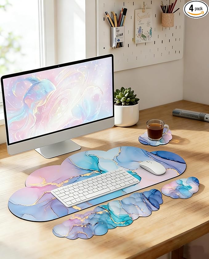 JIKIOU Large Cloud Mouse Pad Waterproof with Cloud Keyboard Wrist Pad and Cloud Mouse Wrist Pad Set Ergonomic Computer Desk Wrist Support Mousepad for Keyboard and Mouse 35.4x15.7in Marble Blue