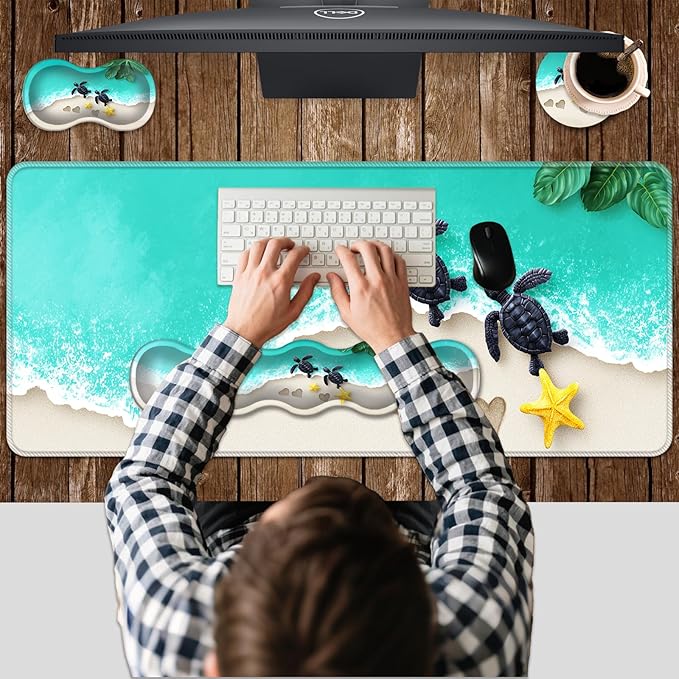 Ergonomic Keyboard Wrist Rest &amp Mouse Pad Wrist Rest SetXL Gaming Desk Mat 31.5x 11.8Non-Slip BaseMemory FoamEasy Typing Pain Relief for Office &amp HomeSea Turtles on Beach